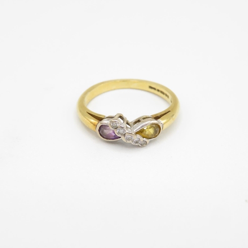 139 - 18ct gold, citrine, diamond and amethyst ring size J  3.2g