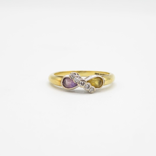 139 - 18ct gold, citrine, diamond and amethyst ring size J  3.2g