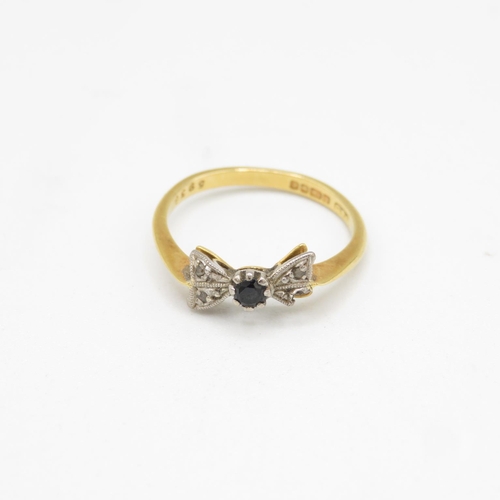 152 - 18ct gold, sapphire and diamond bow-tie ring size N  2.5g (damage to one side of bow)