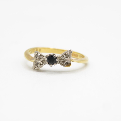 152 - 18ct gold, sapphire and diamond bow-tie ring size N  2.5g (damage to one side of bow)