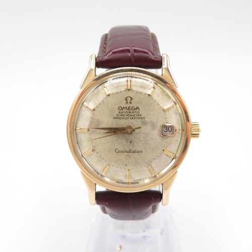 241 - Omega automatic chronometer constellation gold emblem watch with date, pie crust dial running and ke... 