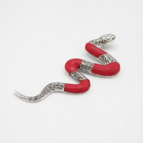 251 - 19mm silver and marquisite and coral snake pendant