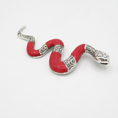 251 - 19mm silver and marquisite and coral snake pendant