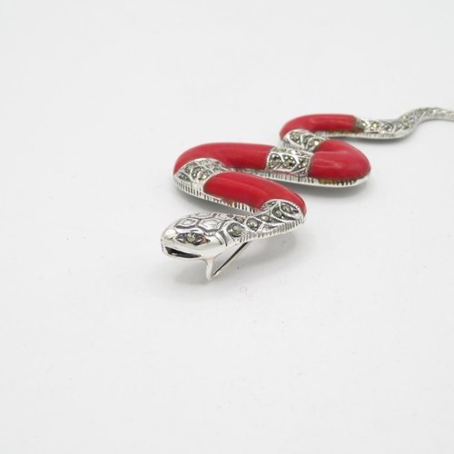 251 - 19mm silver and marquisite and coral snake pendant