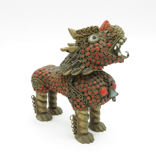 260 - Chinese bronze Fu dog with detachable head to reveal container within - coral inserts - 110mm long x... 