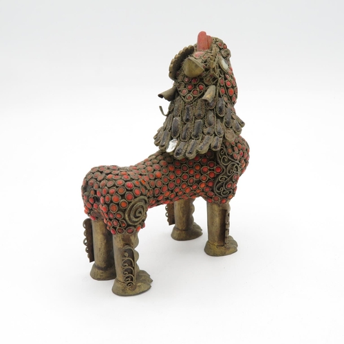 260 - Chinese bronze Fu dog with detachable head to reveal container within - coral inserts - 110mm long x... 