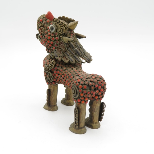 260 - Chinese bronze Fu dog with detachable head to reveal container within - coral inserts - 110mm long x... 