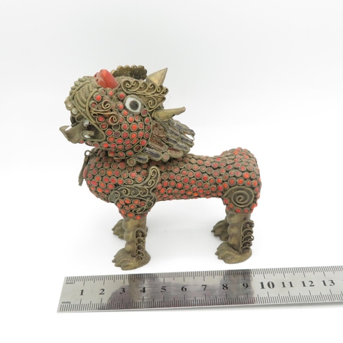 260 - Chinese bronze Fu dog with detachable head to reveal container within - coral inserts - 110mm long x... 