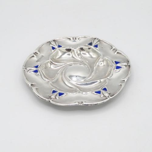 270 - Arts and Crafts HM English pin dish maker F&D with fine blue enamel  110mm diameter