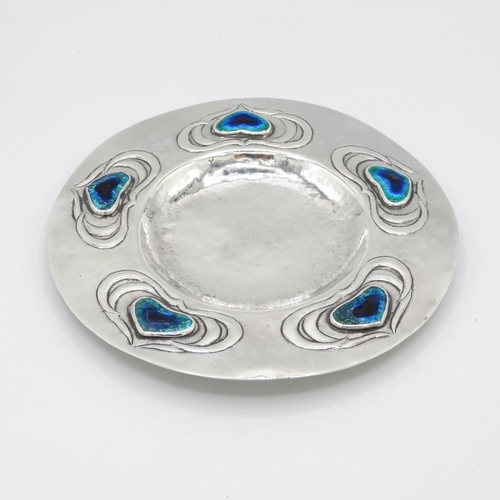 271 - Arts and Crafts silver bon bon dish with Ruskin enamel hearts - no visible HM - 140mm diameter  96.5... 