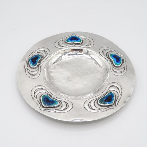 271 - Arts and Crafts silver bon bon dish with Ruskin enamel hearts - no visible HM - 140mm diameter  96.5... 