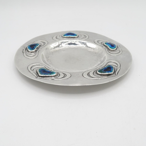 271 - Arts and Crafts silver bon bon dish with Ruskin enamel hearts - no visible HM - 140mm diameter  96.5... 