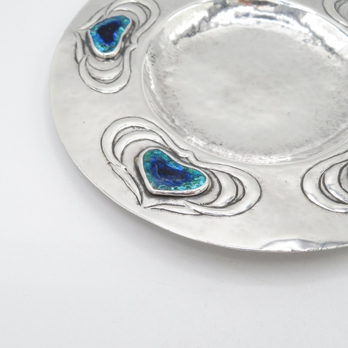 271 - Arts and Crafts silver bon bon dish with Ruskin enamel hearts - no visible HM - 140mm diameter  96.5... 