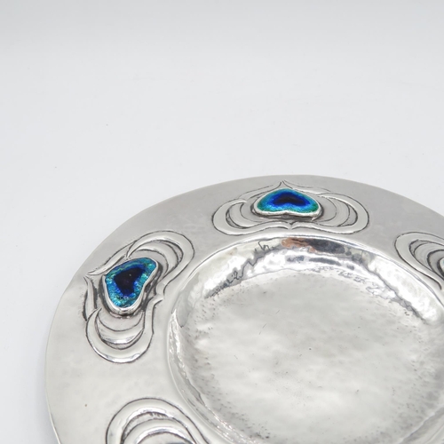 271 - Arts and Crafts silver bon bon dish with Ruskin enamel hearts - no visible HM - 140mm diameter  96.5... 