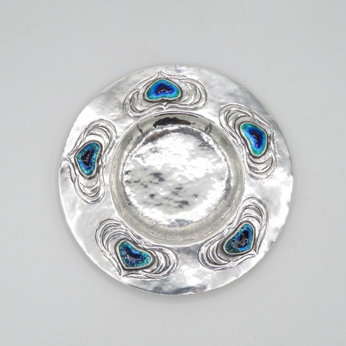 271 - Arts and Crafts silver bon bon dish with Ruskin enamel hearts - no visible HM - 140mm diameter  96.5... 