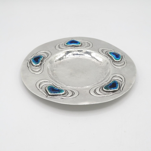 271 - Arts and Crafts silver bon bon dish with Ruskin enamel hearts - no visible HM - 140mm diameter  96.5... 