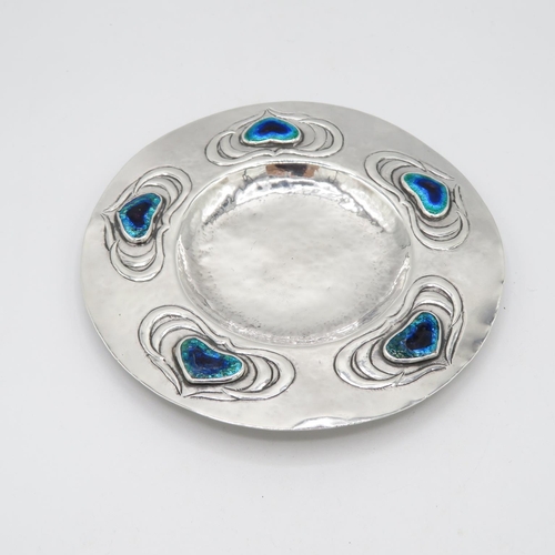 271 - Arts and Crafts silver bon bon dish with Ruskin enamel hearts - no visible HM - 140mm diameter  96.5... 