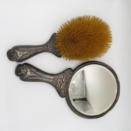 281 - Set of Art Nouveau brush and mirror fully HM silver  604g