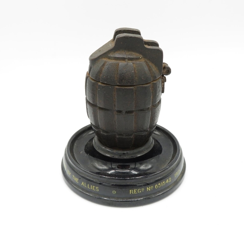 286 - Original actual hand grenade casting as used by the Allies 1915 Memento of The Great War Inkwell on ... 