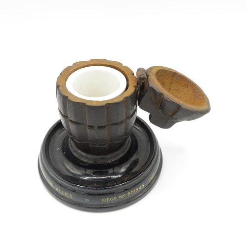 286 - Original actual hand grenade casting as used by the Allies 1915 Memento of The Great War Inkwell on ... 