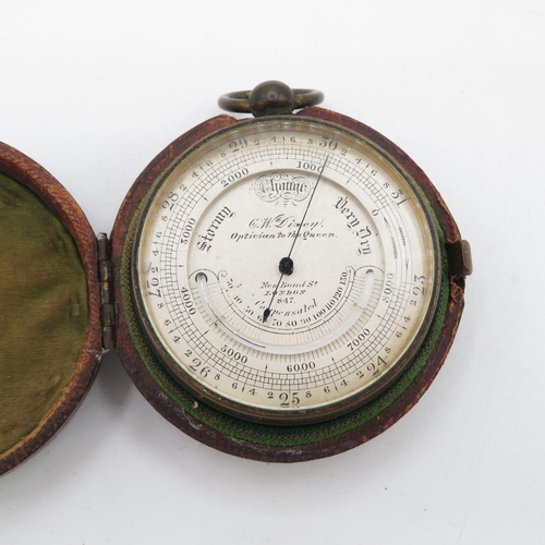 287 - Leather cased pocket barometer with intact mercury insert by CW Dixey Optician to The Queen