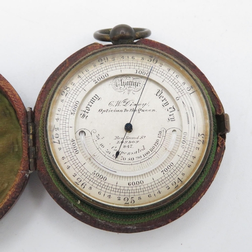 287 - Leather cased pocket barometer with intact mercury insert by CW Dixey Optician to The Queen