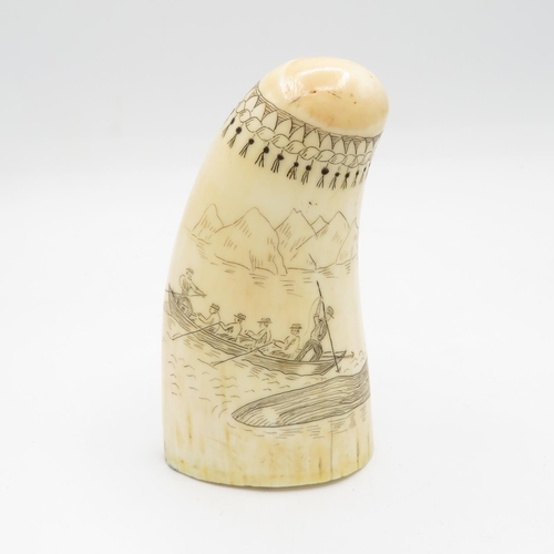 292 - Original Scrimshaw whale tooth depicting whale hunt guaranteed authentic  120mm high