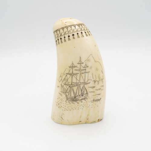 292 - Original Scrimshaw whale tooth depicting whale hunt guaranteed authentic  120mm high