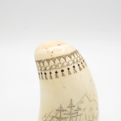 292 - Original Scrimshaw whale tooth depicting whale hunt guaranteed authentic  120mm high