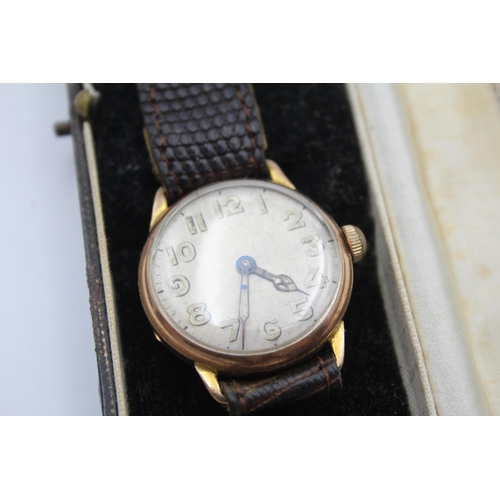 220 - Vintage Gents 9ct Gold Cased Trench Style WRISTWATCH Hand-Wind WORKING