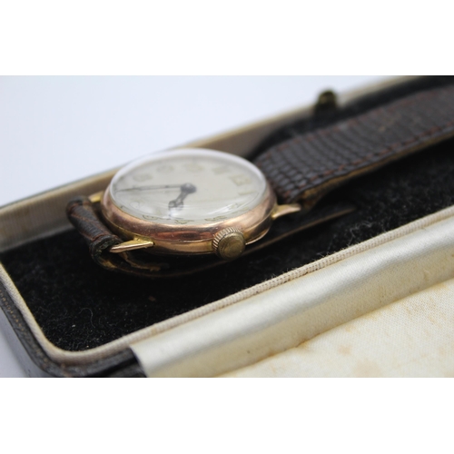 220 - Vintage Gents 9ct Gold Cased Trench Style WRISTWATCH Hand-Wind WORKING