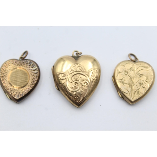 208 - 3 X 9ct Back & Front Gold Vintage Etched Heart Lockets (12g)