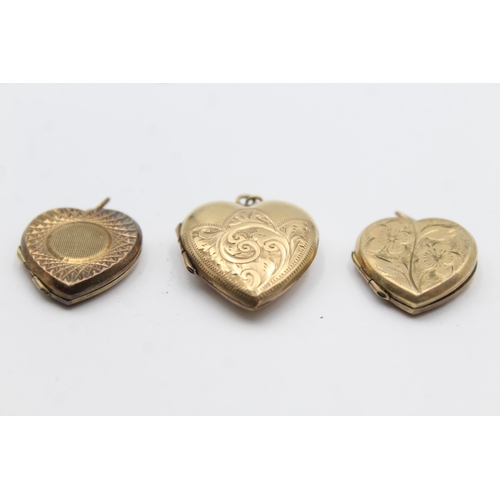 208 - 3 X 9ct Back & Front Gold Vintage Etched Heart Lockets (12g)