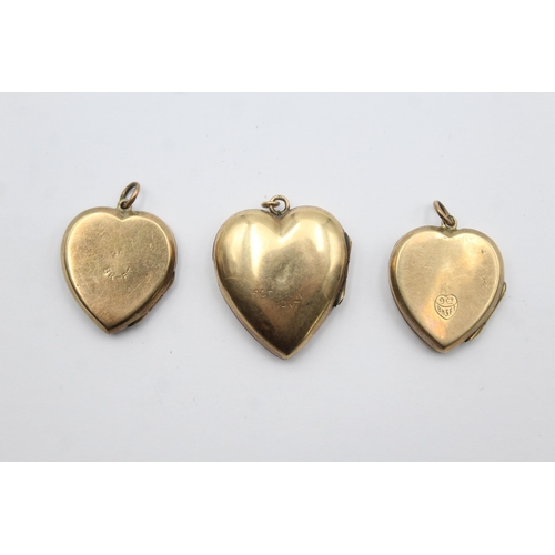 208 - 3 X 9ct Back & Front Gold Vintage Etched Heart Lockets (12g)