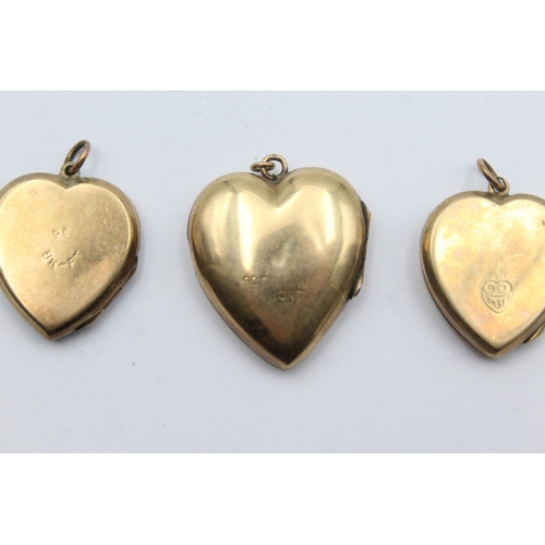 208 - 3 X 9ct Back & Front Gold Vintage Etched Heart Lockets (12g)