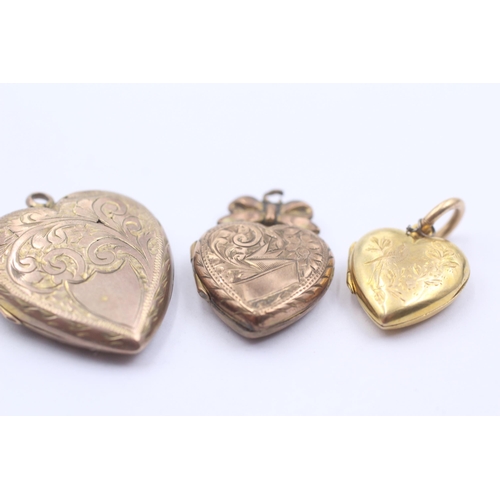 209 - 3 X 9ct Back & Front Gold Foliate Etched Heart Lockets (8.8g)