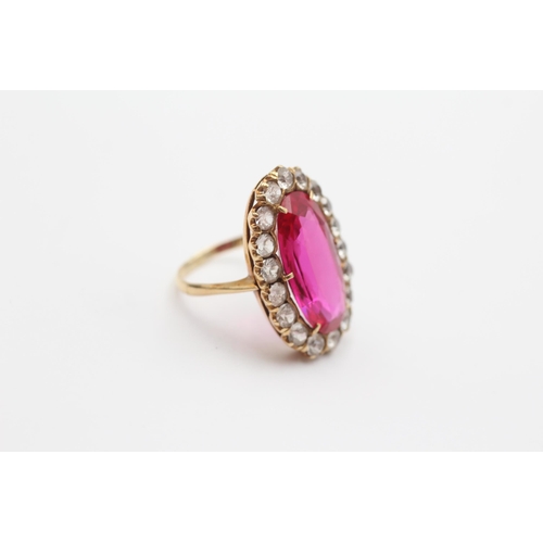 107 - 14ct Gold Synthetic Ruby & White Gemstone Cocktail Ring (7.2g) Size O