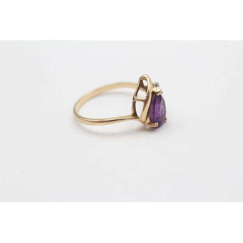 108 - 14ct Gold Amethyst Single Stone Ring With Diamond Accents (2.2g) Size O