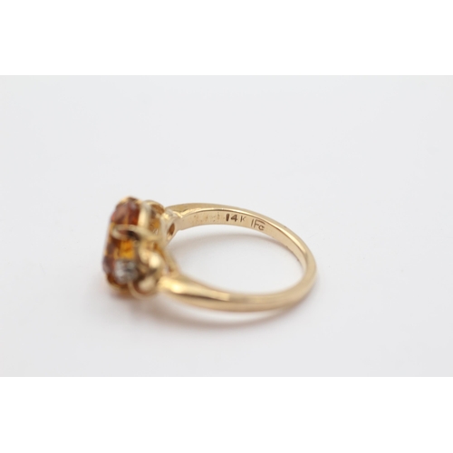 112 - 14ct Gold Citrine Single Stone Ring With Diamond Sides (4.3g) Size K