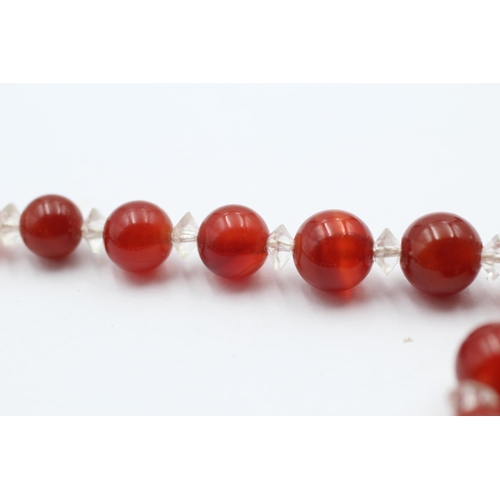 113 - 9ct Gold Clasp Art Deco Carnelian & White Paste Single Strand Necklace (40.4g)