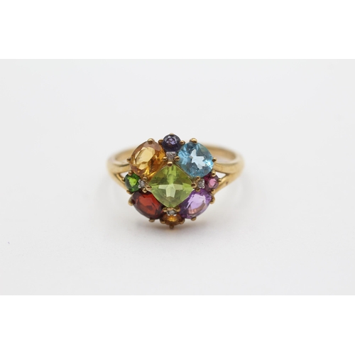 12 - 9ct Gold Multi-Gemstone Floral Cluster Ring Inc. Amethyst, Peridot, Garnet, Citrine, Diamond & Topaz... 