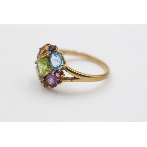 12 - 9ct Gold Multi-Gemstone Floral Cluster Ring Inc. Amethyst, Peridot, Garnet, Citrine, Diamond & Topaz... 