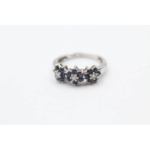 132 - 9ct White Gold Diamond & Sapphire Triple Cluster Ring (2.1g) Size G