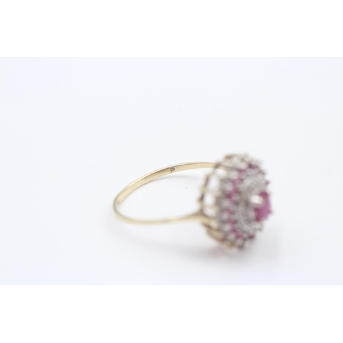 145 - 9ct Gold Diamond & Synthetic Ruby Halo Ring (2.2g) Size P