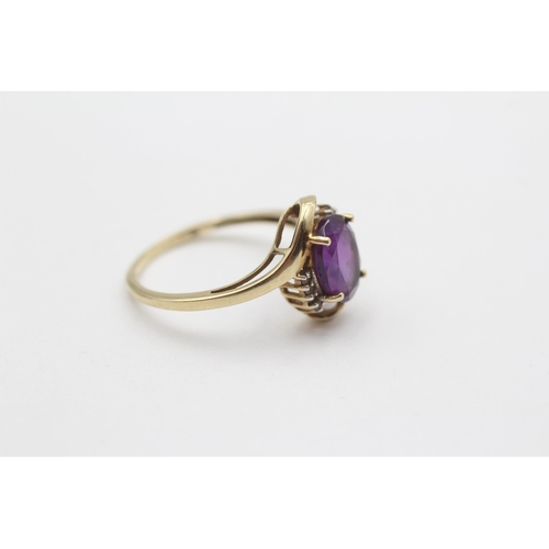 146 - 9ct Gold Amethyst Single Stone Ring With Diamond Sides (1.9g) Size O