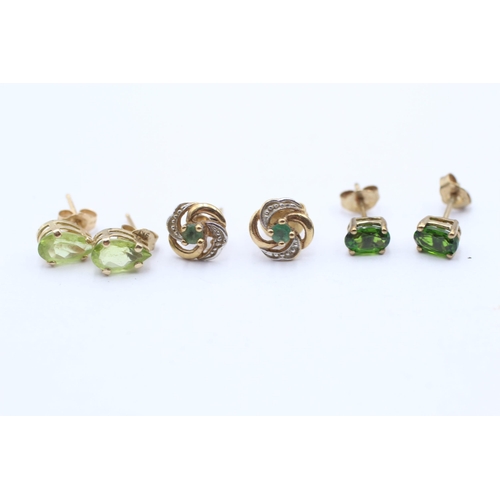 149 - 3x 9ct Gold Gemstone Set Stud Earrings Inc. Diamond, Emerald, Diopside & Peridot (2.6g)