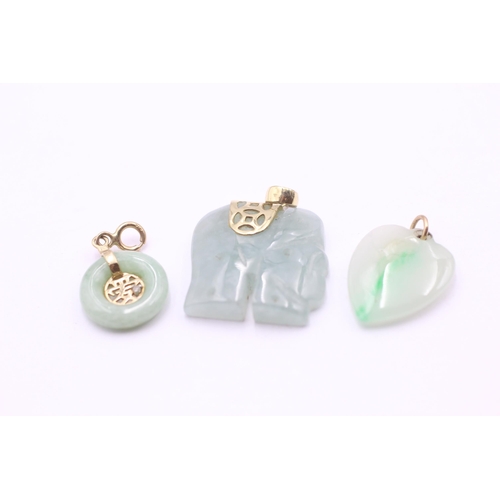 150 - 3 X 9ct Gold Jade Pendants Inc. Heart & Elephant (8.7g)