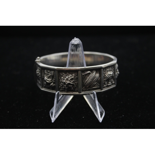 156 - A Vintage Silver Floral And Fruit Design Bangle (42g)