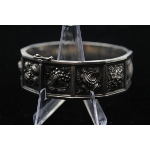 156 - A Vintage Silver Floral And Fruit Design Bangle (42g)