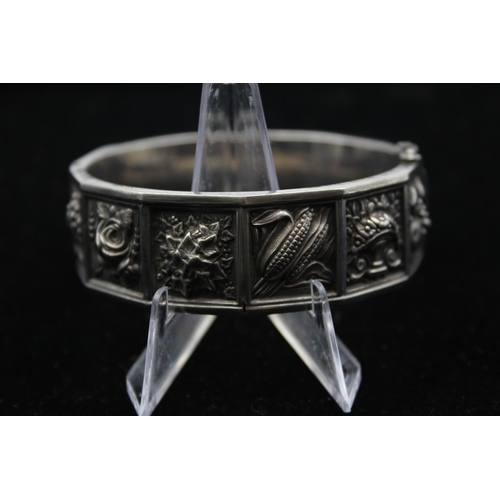 156 - A Vintage Silver Floral And Fruit Design Bangle (42g)